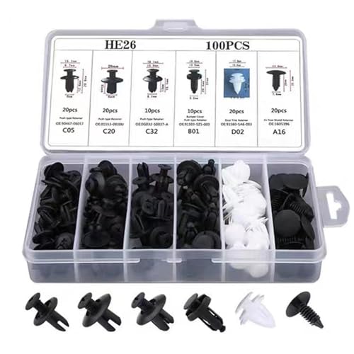 Laluky 100 Stück Auto Montage Clips, Universal Auto Clips Set, 6 Arten von Türverkleidung Clips, Kunststoff Stoßstange Expansion Nieten Montage-Kit(schwarz, weiß)