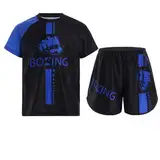 Alvivi Kinder Jungen Boxing Kleidung Trainingsanzug MMA Boxing Shorts + T-Shirt Kampfsport Kickboxing Muay Thai Kleidung Set Blau 134-140