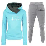 Damen Jogginganzug Sportanzug Sportkleidung Frauen Set Trainingsanzug 2-Teilig Heartbeat Print Hoodie Jogginghose Sweatshirt Hose Zweiteiler Baggy Elegant Jogginganzüge Sporthose Kapuzenpullover