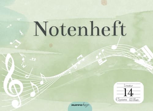 Notenheft: DIN A5 Notenlinienheft, Notenbuch für den Musik-Unterricht, A5 Blanko Notenpapier, Musiktheorie Schule, 60 Seiten mit 6 Notenzeilen / Systeme pro Blatt, Lineatur 14, quer