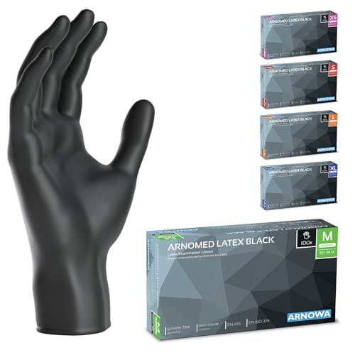 100x ARNOMED Einweghandschuhe M, Latexhandschuhe Schwarz (1x100 Stk) Einweghandschuhe puderfrei, Handschuhe Latex Einweg, Putzhandschuhe, Latex Handschuhe, Einmal-/Einweg-Handschuhe XS, S, M, L & XL