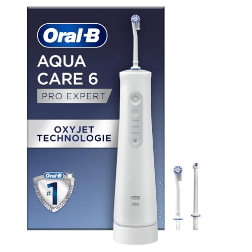 Oral-B AquaCare 6 Kabellose Munddusche, 3 Ersatzdüsen, Zahnzwischenraumreiniger, sanfte Zahnreinigung & gesündes Zahnfleisch, Oxyjet-Technologie, 3 Modi für Zahnpflege, Geschenk Mann/Frau, weiß/grau