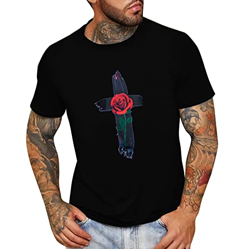 Herren Sommermode Lässig Rundhals Kleingedrucktes T-Shirt Kurzarmhemd T Shirts Junge (24-0318B-Black, L)