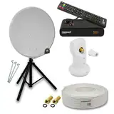 PremiumX Camping Satelliten-Komplettanlage 60cm Antenne Hellgrau SAT Single LNB Dreibein-Stativ TV Kabel Sat-Receiver HDMI-Kabel
