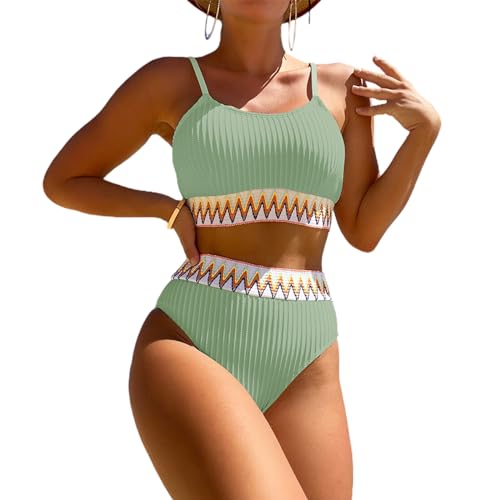 Enwokran Damen Bikini Set Zweiteiliger U Ausschnitt Bauchkontrolle Push Up High Waist Sport-Schwimmanzug Badeanzug Tank Bikini Swimsuit (Hellgrün, XL)