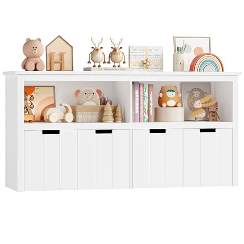 FOREHILL Kinderregal mit Boxen auf Rollen, Spielzeug Aufbewahrung Kinderzimmer Möbel, Spielzeugregal, Kinderschrank, Regal weiß mit 4 Boxen, Aufbewahrungsbox für Kinder 120 x 61,5 x 33cm weiß