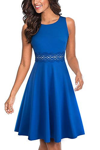 HOMEYEE Damen Vintage Rundhalsausschnitt ärmellosen Blumen Bestickt knielangen Cocktailkleid UKA079 (EU 38 = Size M, Blau)