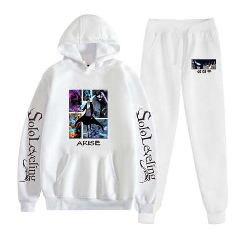 Bauxhie Solo Leveling Hoodie Hose Anzug Sung Jin Woo Cosplay Sweatshirt Sweatpants Trainingsanzüge für Damen Herren (Weiß, XS)