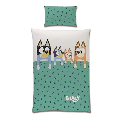 Bluey Bettwäsche für Kinder und Babys · Kinderbettwäsche blau aus 100% Baumwolle mit Reißverschluss · Motiv Bluey Family Bingo Bandit Chilli (Baby 100x135 40x60 cm)
