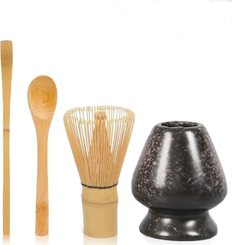 Matcha Besen Set 4-teilig – Matcha Zubehör mit Matcha Set bestehend aus Matcha-Besen Matcha-Löffeln und Keramik-Besenhalter für die Zubereitung und Zeremonien (Schwarz Rosa)