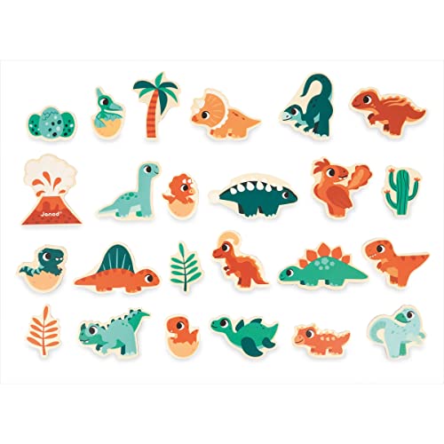 Janod, Dinosaurier Janod-24 Magnet-Dinos-Spielzeug aus FSC-Holz-Magnetisches Lernspiel-Zubehör für Magnettafel-Dino-Spiel-Ab 24 Monaten, J05839, Mehrfarbig, M