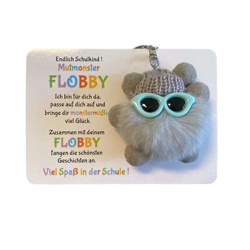 Endlich Schulkind! Mut-Monster FLOBBY, Geschenk Einschulung, Glücksbringer, Mutmacher, Schultüte, Lernhelfer, Anhänger Mäppchen oder Ranzen (Grau)