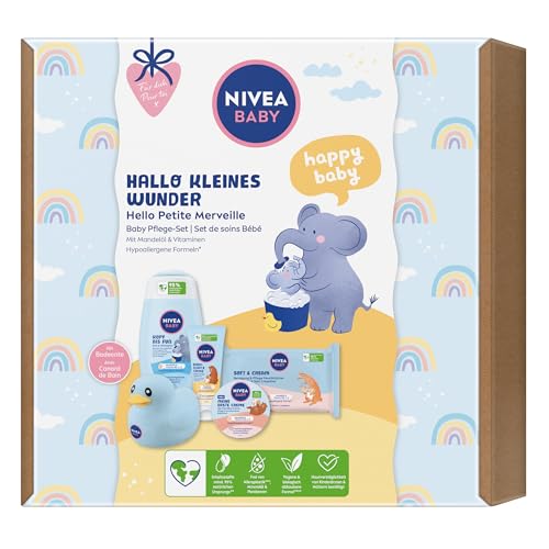 NIVEA BABY, Baby Pflegeset mit Shampoo, Feuchttüchern, Creme und mehr, Geschenkset mit Pflegeprodukten und niedlicher Badeente, Hallo Kleines Wunder Pflege-Set