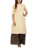 ladyline Damen Pure Cotton Plain Tunika Top Front Slit 3/4 Ärmel Roll-up Chinesische Hals Knöpfe Unten Tasche Lange Kurti Kurta, beige, 62