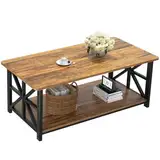 GreenForest Couchtisch mit Stauraum, 100 cm Wohnzimmertisch, Stabiler Sofatisch aus Holz und Metall, Kaffeetisch mit Regal, Industriestil, Rustikales Design, Braun