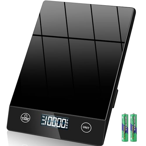 Küchenwaage Digital,Küchenwaage Geneigtes Display,Waage Küchenwaage 10KG,Hochpräzise 1g Digitale Küchenwaage mit Tara-Funktion,Schwarz Glas Lebensmittelwaage Wasserdicht,Touchscreen inkl. Batterien