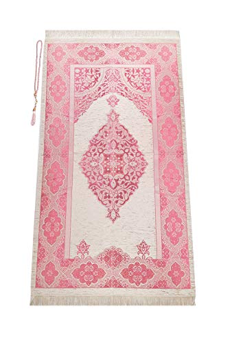 Miss Tesettür Muslimischer Gebetsteppich mit Gebetskette | Janamaz | Sajjadah | Weiche islamischen Gebetsteppich | Islamische Geschenke | Gebet Teppich Matte, Chenillegewebe, Fuchsia