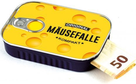 Geldgeschenke Verpackung Sardinendose "MÄUSEFALLE" Geld Geschenkverpackung für Geburtstag, Konfirmation, Jugendweihe, Umzug | inkl Aufkleber für individuelle Botschaft | made by Scherzboutique