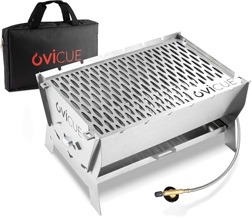 ovicue Grill groß L | Mobiler Steck-Gasgrill – Tragbarer Edelstahlgrill mit Stecksystem – Gas- & Holzkohlebetrieb – Inkl. Tragetasche – Perfekt für Camping, Balkon, Garten & Outdoor