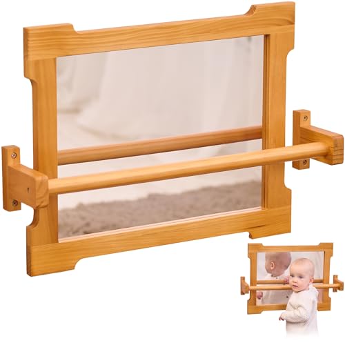 Montessori Spiegel mit Stange für Kleinkinder | Baby Spiegel Montessori zum Hochziehen & Laufenlernen | Montessori Spiegel mit Griff | Holzstange zur Förderung der Motorik | Kinderzimmer Klassenzimmer