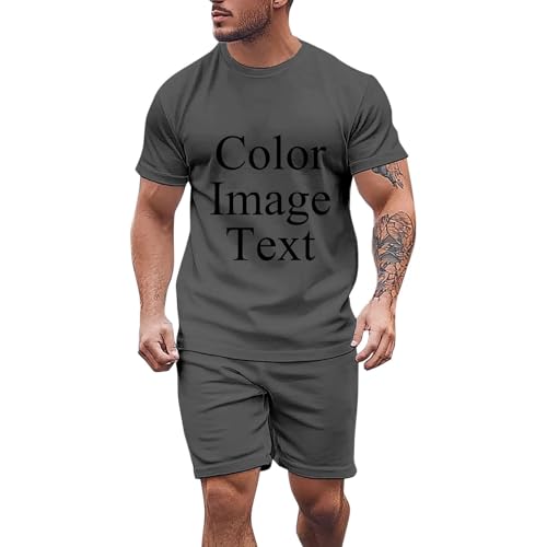 Komplet Kurzarm-T-Shirt Shorts für Männer, zweiteiliges Set mit komplett bedrucktem Hemd erotischem Aufdruck Viertelhosen-Set Herren Anzüge Hochzeit(Dunkelgrau,XS)