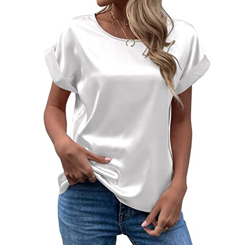 CGGMVCG Damen Sommer Tops Frühling Sommer Damen Kurzarm Seide Satin Hemd Lose Casual Rundhals Blusen, Weiß, Groß