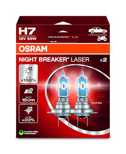 Osram NIGHT BREAKER LASER H7, 150% mehr Helligkeit, Halogen-Scheinwerferlampe, 64210NL-2HB, 12V PKW, Hängebox (2 Lampen), white