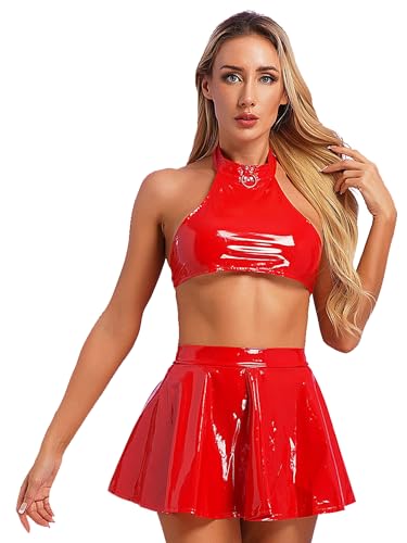 FEESHOW Frauen Wetlook Outfits 2 Stück Lackleder Bustier Bra Top Mini Röcke Skaterrock Set Festival Tanz Fasching Party Nachtclub Kostüm D_Rot 3XL