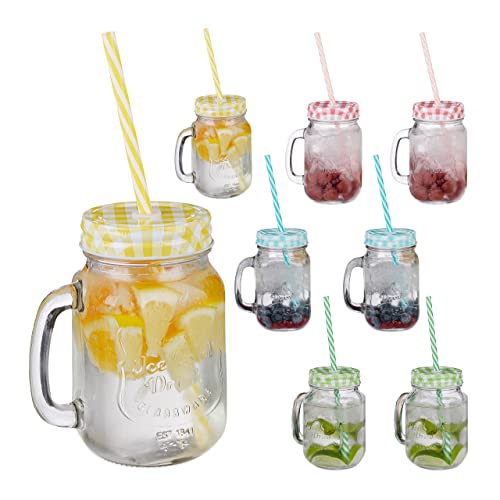 Relaxdays, bunt Trinkgläser mit Strohhalm, 8er Set, 400 ml, Gastro, Deckelgläser mit Henkel, Ice Cold Drink Gläserset, Glas, 8 Stück (1er Pack), 10023415