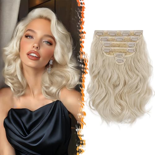 BARSDAR Clip in Extensions Kurzes Wellige Clip in Blond Haarextension Für Damen 30cm 6PCs Voller Kopf Dickes Synthetisches Clip in Haarverlängerung Haarteil - Platin Blond