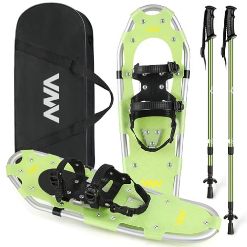 VNV Schneeschuhe 2023 Neue Leichte Terrain Schneeschuh für Männer Frauen Jugend Kinder, Leichte Aluminiumlegierung Schneeschuhe mit Trekkingstöcken und Tragetasche, Green, 30''