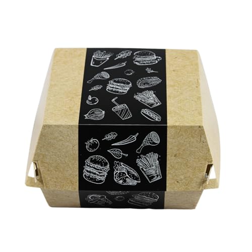 Enpack - 100 Stück Burger-Box aus Papier - Beschichtet - 13x13x9 cm - Take Away box mit Klappdeckel - Umweltfreundlich - To Go Verpackung – Einmalbehälter – Bioschale mit Druck