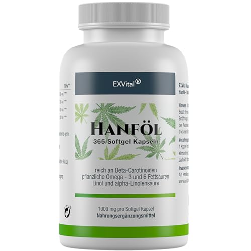 EXVital HANFÖL Kapseln - hochdosiert & kaltgepresst | 365 Kapseln (Jahresvorrat) | Cannabis Sativa |1000mg je Kapsel | Laborgeprüft | pflanzliche Omega 3,6 + 9 - Hanfsamenöl | Made in Germany