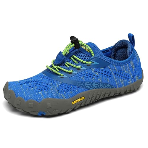 SAGUARO Kinder Barfußschuhe Traillaufschuhe Jungen Mädchen Trainingsschuhe Zehenschuhe Atmungsaktiv rutschfest Walkingschuhe Laufschuhe Schnell Trocknend Badeschuhe, Blau 32 EU