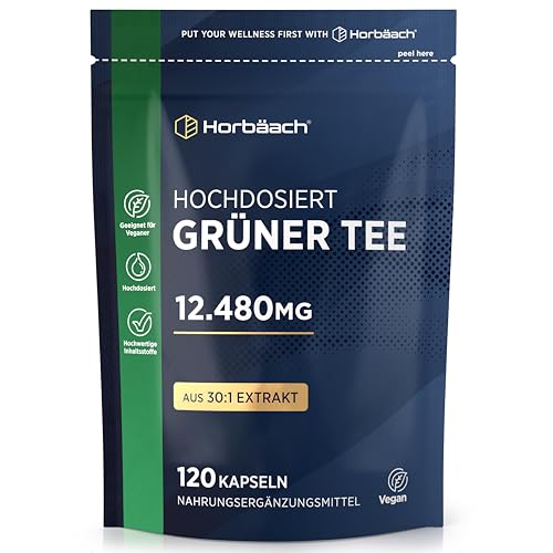 Grüntee Extrakt 12480 mg pro Tagesdosis | 120 Pulver Kapseln | Hochdosiert Green Tea | Vegane | von Horbaach