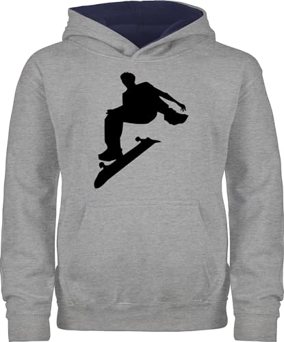 Pullover Kinder Hoodie Jungen Mädchen - Sport Kleidung - Skater - 152 (12/13 Jahre) - Grau meliert/Navy Blau - hoody skate pulli kapuzenpullover kinderpullover für kids kapuzenpulli polower