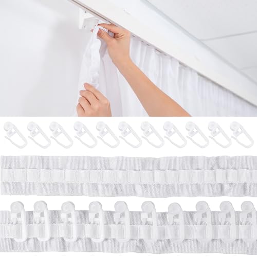 30m*2,5cm Gardinenband Kräuselband mit 50 Stück Vorhanghaken, Weiß Gardinenband Kräuselband zum Aufnähen die Herstellung von Einrichtungsgegenständen wie Vorhängen hängenden Tüchern