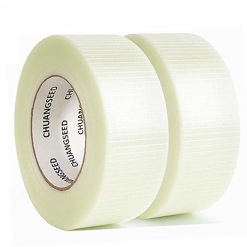 CHUANGSEED 2 Stück Filament-Umreifungsband, Filamentband Fadenverstärkt 50mm X 5m transparentes Packband glasfaserverstärktes Teppichband, Verpackungsband, starkes Klebeband (Gitter 50mm X 5m)