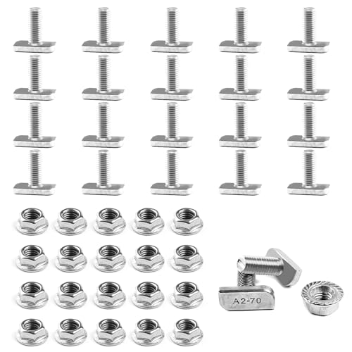 20 Stück Hammerkopfschrauben M8 x 20 Edelstahl A2-70 mit Flanschmuttern Sperrzahnmuttern,Ankerschienenschrauben für Photovoltaikmodule,Solarmontageschienen,Gewächshausinstallation (20, M8X20)