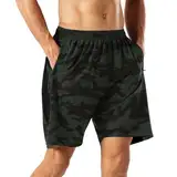 HMIYA Herren Sport Shorts Schnell Trocknend Kurze Hose mit Reißverschlusstasch (Camouflage Grün,M)