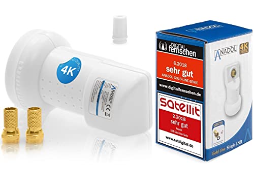 [ Test 2X SEHR GUT ] Anadol Gold Line Single LNB 0.1dB Digital für 1 Teilnehmer Direkt Anschluss 1fach Full HD TV 3D 4K + Kontakte vergoldet + Wetterschutz im Set mit 2 F-Stecker vergoldet GRATIS