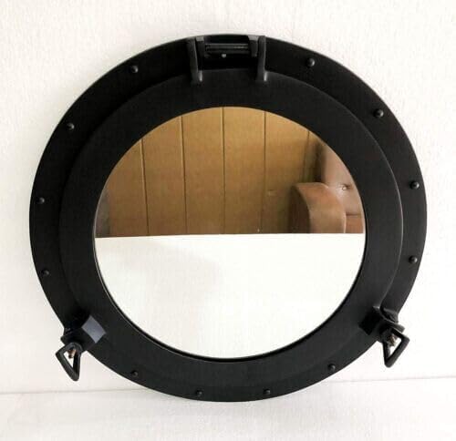 Kanalboot, schwarzes Bullauge, 50,8 cm, Fenster, antikes Schiff, runder Spiegel, Wandmontage