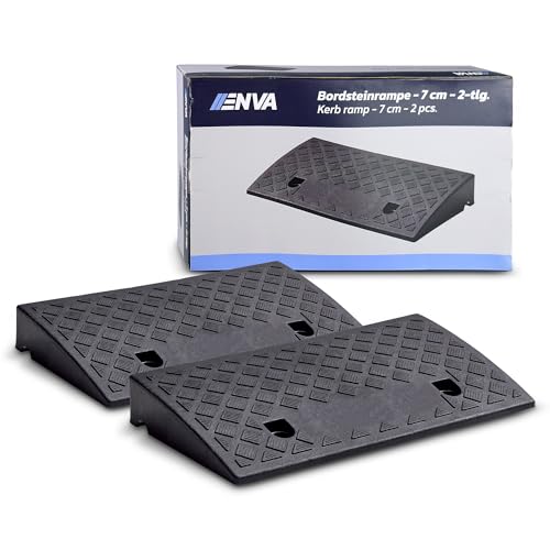 ENVA Bordsteinrampe 2TLG. Auffahrrampe 7 cm Höhe 3000 kg Rampe für Auto, Motorrad, Rollstuhl und Kinderwagen rutschfeste Bordsteinkantenrampe witterungsbeständige Kunststofframpe 50 x 27 cm