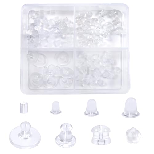 TOAOB 100 Stück Ohrstecker Silikon Ohrring Stopper Klar Gummi Ohrstopper Ohrringe Verschlüsse Kunststoff Ohrring Rücken Earring Backs 8 Stile für Haken Ohrstecker DIY Schmuckherstellung