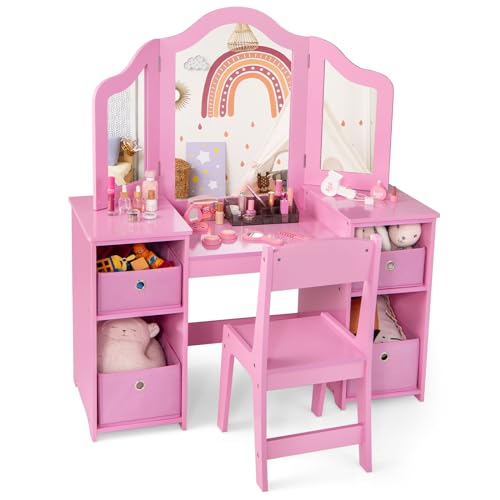 COSTWAY 2 in 1 Kinder Schminktisch mit abnehmbarem Spiegel, Frisiertisch Prinzessin mit Stuhl, Kosmetiktisch mit Aufbewahrungsboxen & offenen Fächern, Schminkkommode Holz für Mädchen (Rosa)