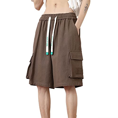 Kurze Hose Shorts Herren Bund Kordelzug Beiläufige Lose Gerade Hosen Arbeitsshorts Bodybuilding Kurz(Braun,M)
