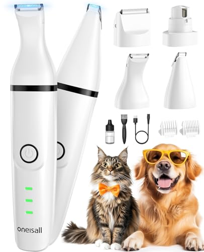 oneisall 4in1 Leise Schermaschine Hund Katze, Wiederaufladbar Hundeschermaschine&Pfotentrimmer&Krallenschleifer mit 4 Multifunktions-Schneidköpfen für Körper, Pfoten, Augen, Ohren, Gesicht (Weiß)