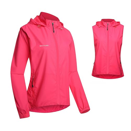 HARLSO Fahrradjacke für Damen, 2-in-1-Fahrradweste, wasserdicht, leicht, Windjacke, gut sichtbare Reitbekleidung mit abnehmbaren Ärmeln,Pink-L