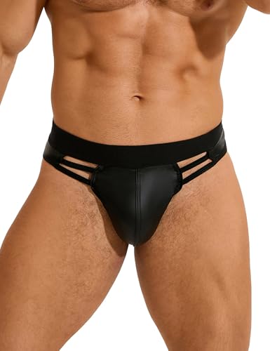 ohyeahlady PU Leder Slip Herren Sexy String Tanga Männer Sissy Höschen Bulge Thong Wetlook G-String Große Größen Unterwäsche Elastizität Unterhosen Pouch Underwear Men Briefs Clubwear Schwarz XL