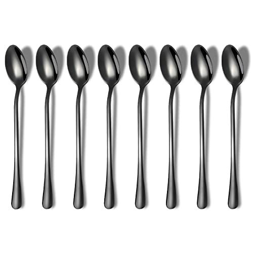 HOMQUEN Schwarzer Löffel mit Langem Griff, Kaffeerührer, Premium-Edelstahl-Kaffeelöffel, Eisteelöffel, Eislöffel, Cocktail-Rührlöffel, Teelöffel, 8Er-Set (Schwarz)